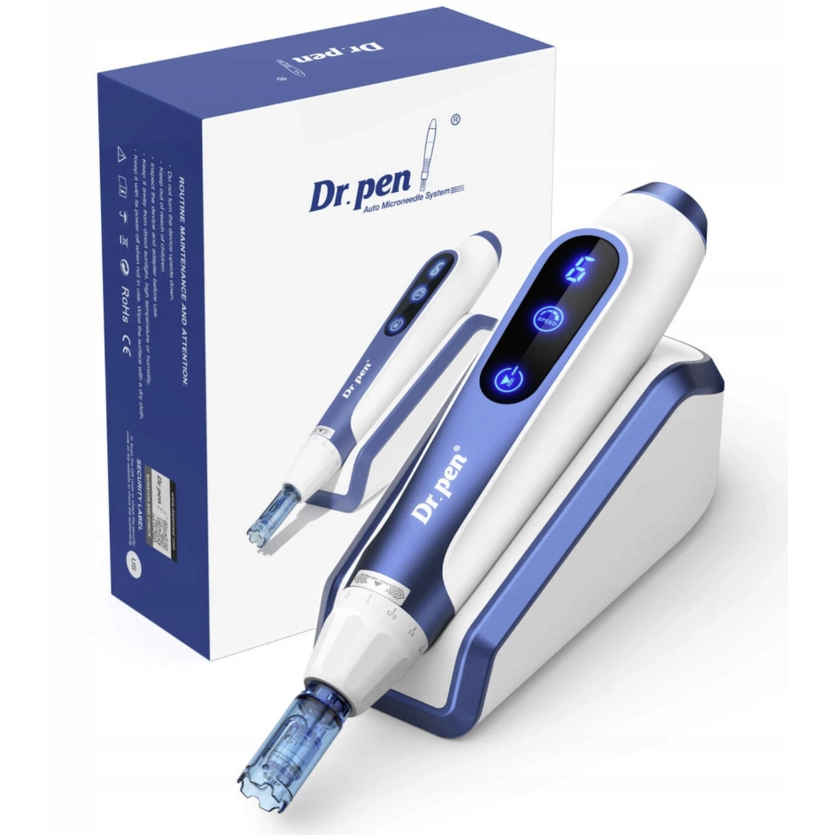 一時停止用ベースに置いた青と白のDr. Pen A11と製品の元箱