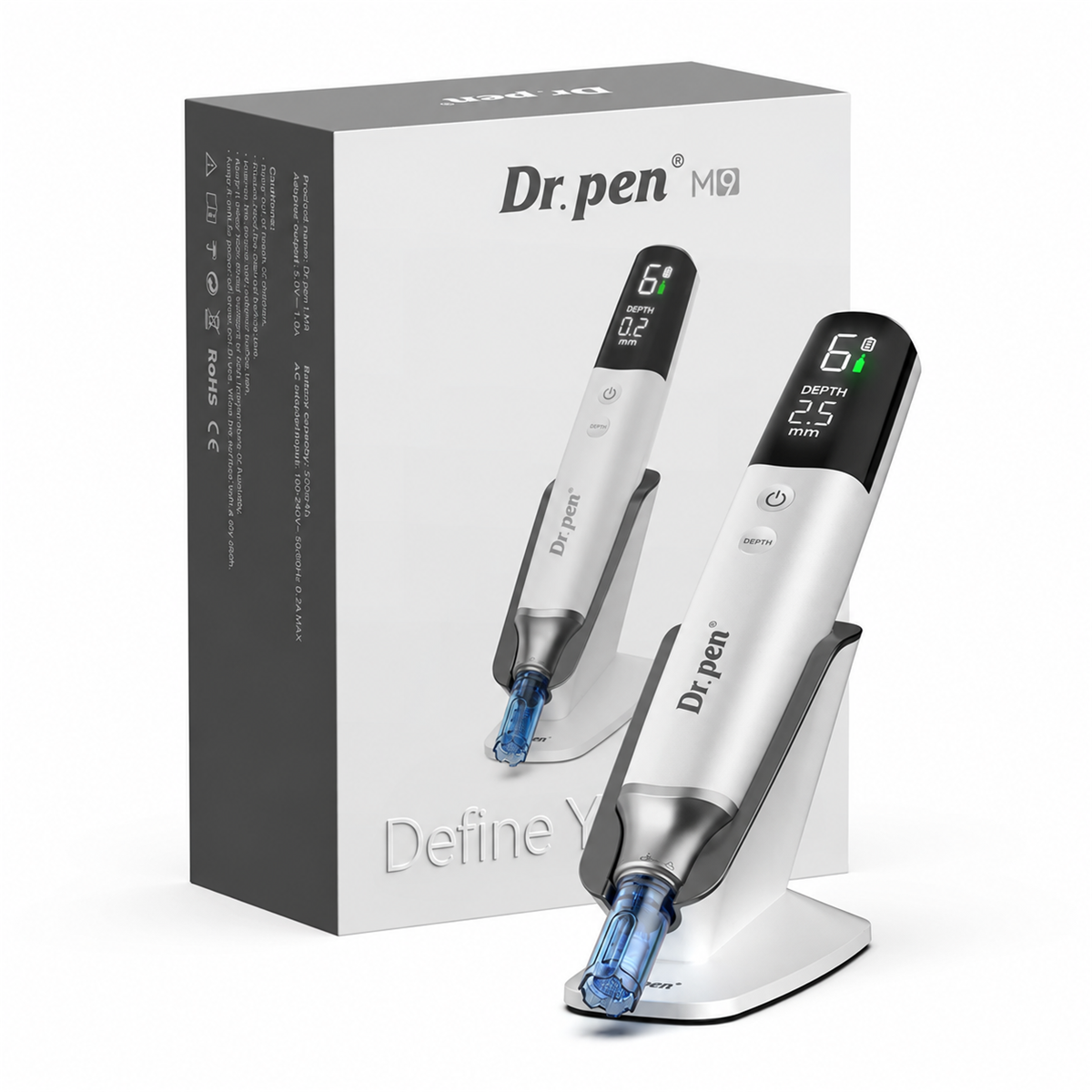 スタンドに置いた白いDr. Pen M9と製品の元箱