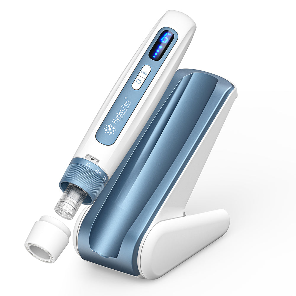 スチールブルーのHydra Pen H5、カートリッジ、保護キャップ、同色の一時停止用ベース