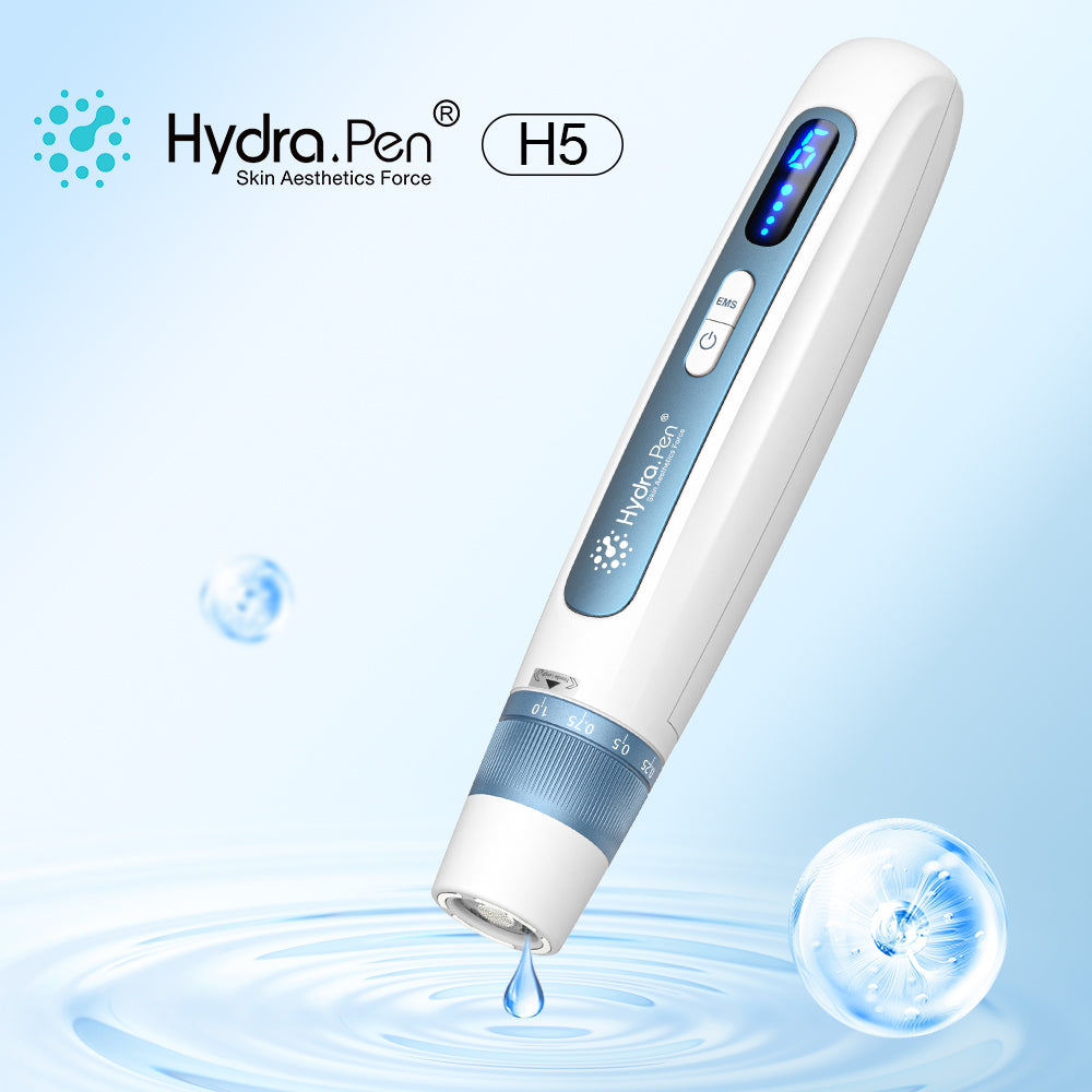 青い背景に、リザーバー付きカートリッジを装着したスチールブルーのHydra Pen H5