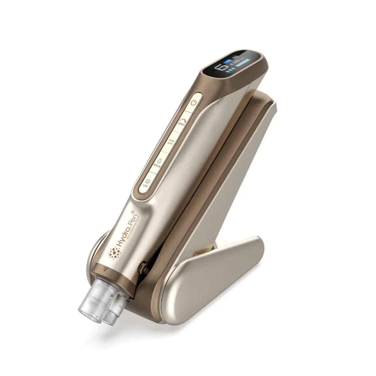カートリッジと同色の本体スタンドを備えたシャンパンゴールドのHydra Pen H6