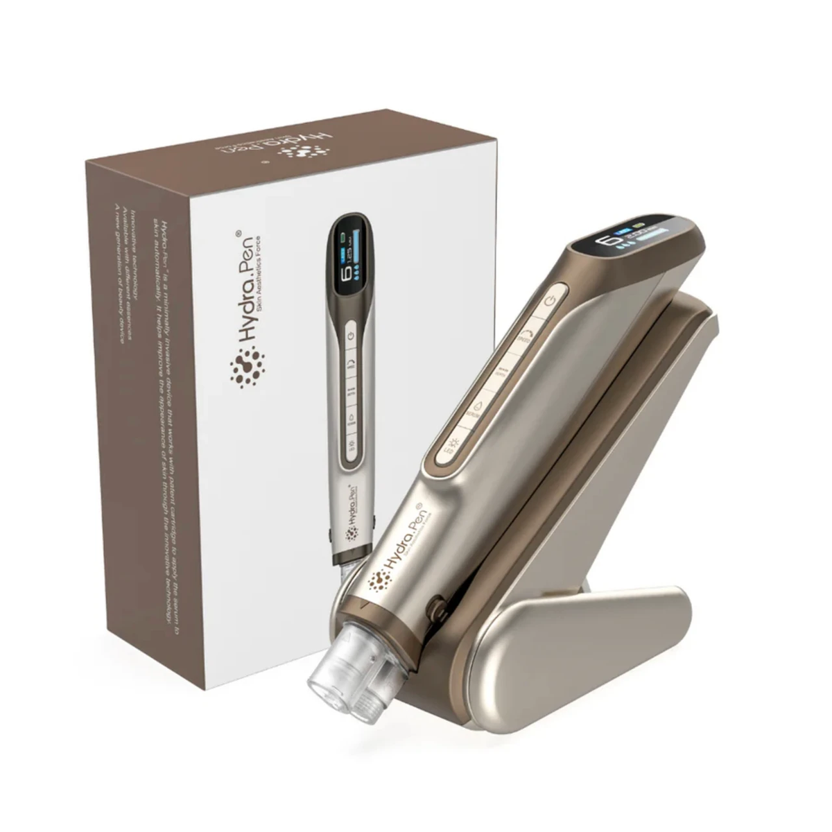 スタンドに置いたシャンパンゴールドのHydra Pen H6と同色の製品箱