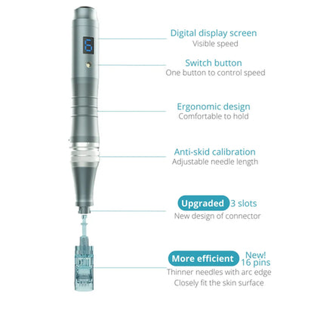 Dr. Pen M8の画面、電源ボタン、調節リング、接続部を示す図