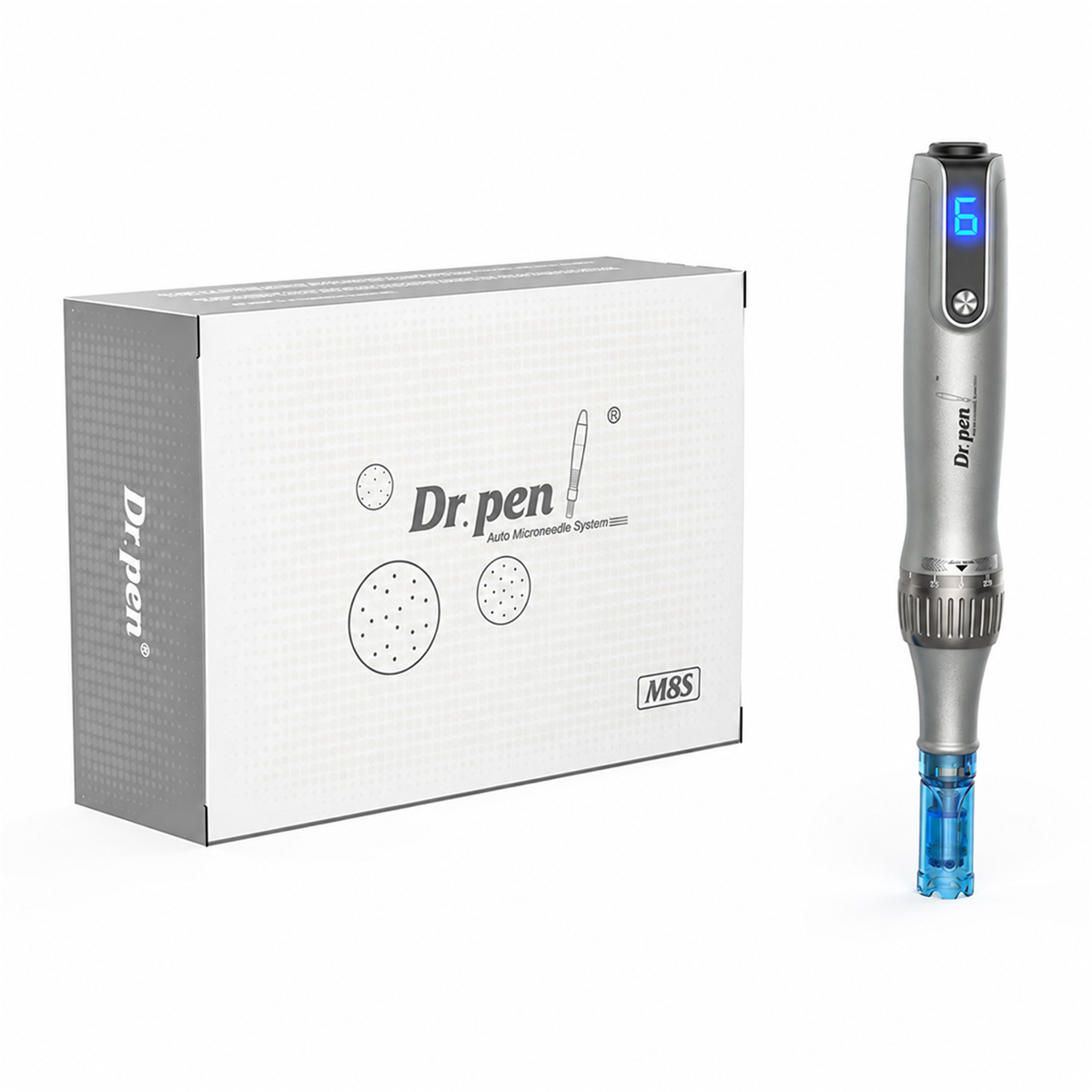 青いカートリッジを装着したシルバーのDr. Pen M8s本体とM8Sの元箱
