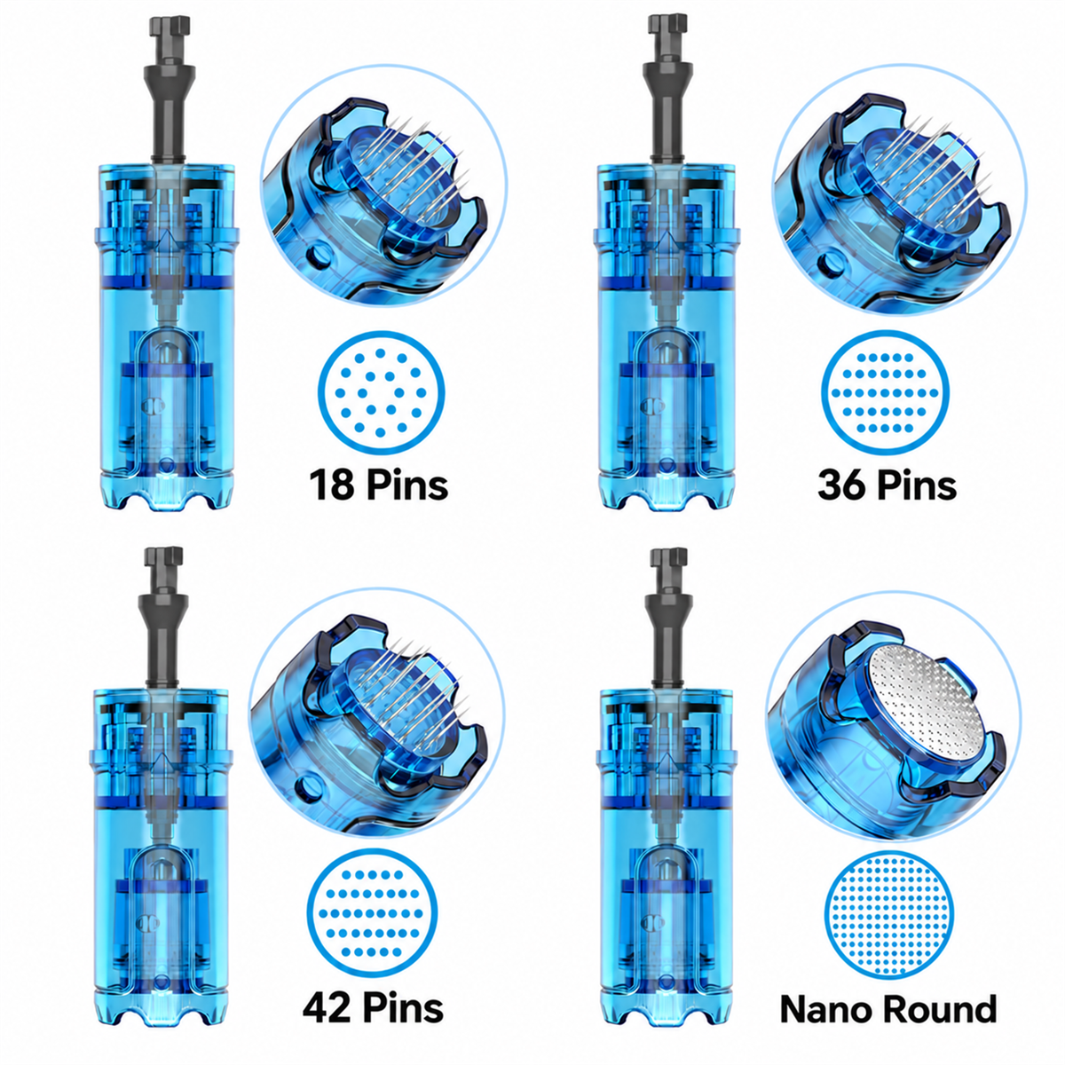 Dr. Pen M9／M8 Max用18針・36針・42針・Nanoラウンドと先端の拡大